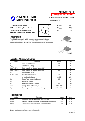 AP01L60J-HF Datasheet PDF Advanced Power Electronics Corp