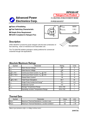 IRF830I-HF Datasheet PDF Advanced Power Electronics Corp