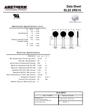 SL222R515 Datasheet PDF AMETHERM Circuit Protection Thermistors