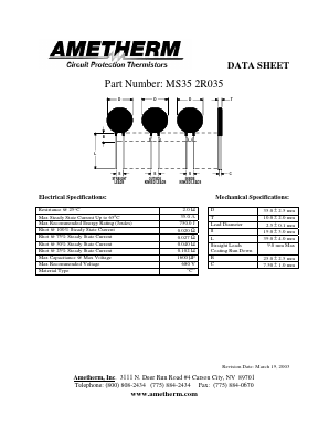 MS352R035 Datasheet PDF AMETHERM Circuit Protection Thermistors