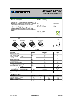 AOI7N60 Datasheet PDF Alpha and Omega Semiconductor