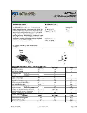 AOT9N40 Datasheet PDF Alpha and Omega Semiconductor