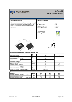 AO4409 Datasheet PDF Alpha and Omega Semiconductor