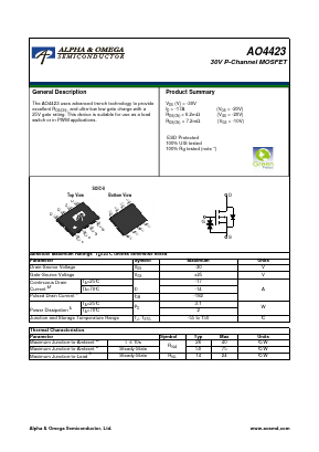 AO4423 Datasheet PDF Alpha and Omega Semiconductor