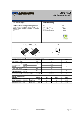AO3407A Datasheet PDF Alpha and Omega Semiconductor
