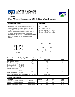 AO4807L Datasheet PDF Alpha and Omega Semiconductor