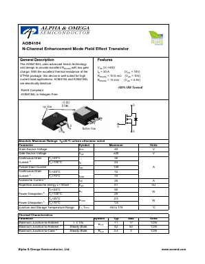 AOB4184 Datasheet PDF Alpha and Omega Semiconductor
