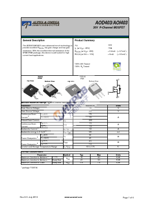 AOD403 Datasheet PDF Alpha and Omega Semiconductor