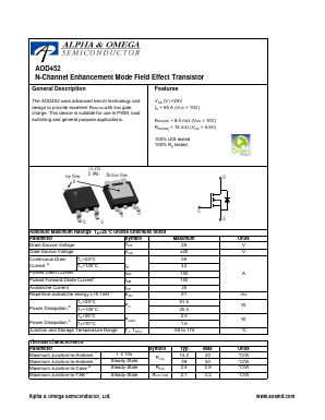 AOD452 Datasheet PDF Alpha and Omega Semiconductor