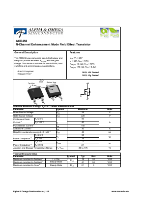 AOD456 Datasheet PDF Alpha and Omega Semiconductor
