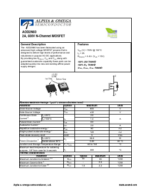 AOD2N60 Datasheet PDF Alpha and Omega Semiconductor