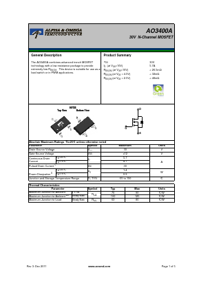 AO3400A Datasheet PDF Alpha and Omega Semiconductor