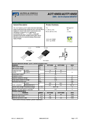 AOT16N50 Datasheet PDF Alpha and Omega Semiconductor