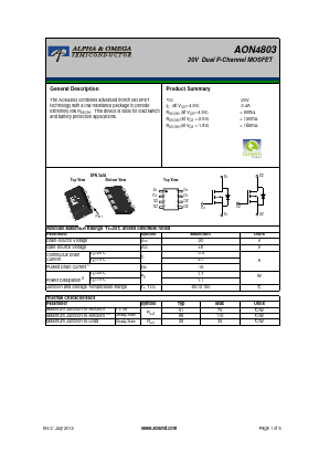 AON4803 Datasheet PDF Alpha and Omega Semiconductor