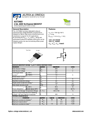 AOT3N60 Datasheet PDF Alpha and Omega Semiconductor