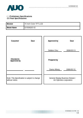 G150XG03-V2 Datasheet PDF AU Optronics 
