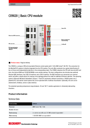 CX9020-N020 Datasheet PDF Beckhoff Automation GmbH & Co. KG