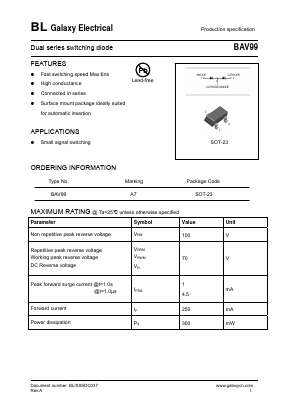 BAV99 Datasheet PDF Galaxy Semi-Conductor