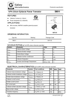 S9011 Datasheet PDF Galaxy Semi-Conductor