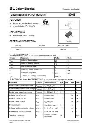 S9018 Datasheet PDF Galaxy Semi-Conductor