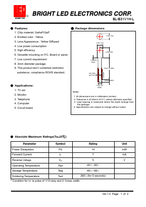 BL-B31V1H-L Datasheet PDF BRIGHT LED ELECTRONICS CORP