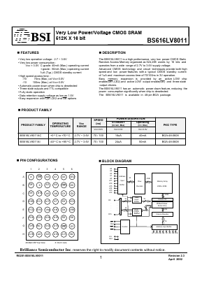BS616LV8011AI-70 Datasheet PDF Brilliance Semiconductor
