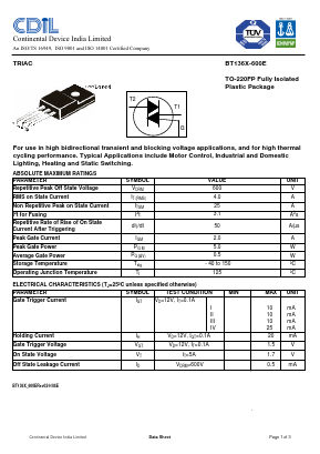 BT136X-600E Datasheet PDF Continental Device India Limited