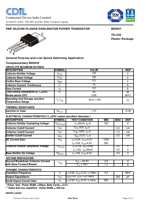 BDW47 Datasheet PDF Continental Device India Limited