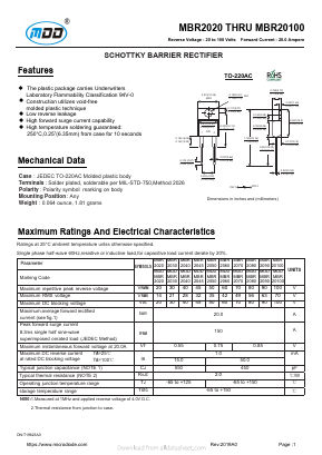 MBR20100 Datasheet PDF Jiangsu Yutai Electronics Co., Ltd