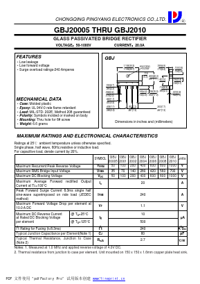 GBJ20005 Datasheet PDF CHONGQING PINGYANG ELECTRONICS CO.,LTD