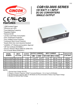 CQB150-300S15 Datasheet PDF CINCON ELECTRONICS Corporation