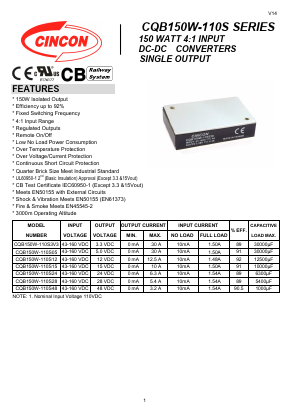 CQB150W-110S12 Datasheet PDF CINCON ELECTRONICS Corporation