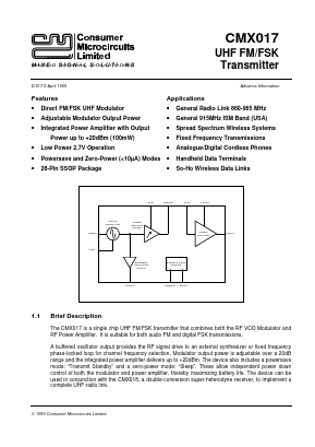 CMX017 Datasheet PDF CML Microsystems Plc