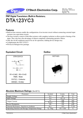 DTA123YC3 Datasheet PDF Cystech Electonics Corp.