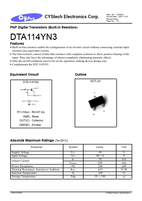 DTA114YN3 Datasheet PDF Cystech Electonics Corp.