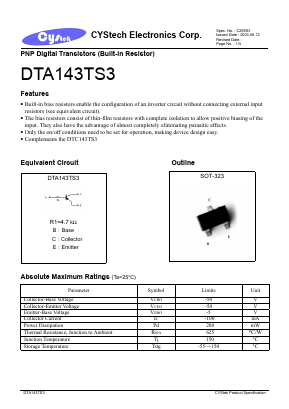 DTA143TN3 Datasheet PDF Cystech Electonics Corp.