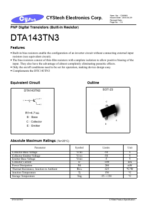 DTA143TS3 Datasheet PDF Cystech Electonics Corp.