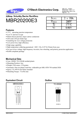 MBR20200E3 Datasheet PDF Cystech Electonics Corp.
