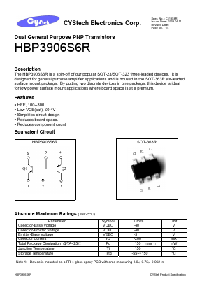 HBP3906S6R Datasheet PDF Cystech Electonics Corp.