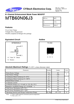 MTB60N06J3 Datasheet PDF Cystech Electonics Corp.