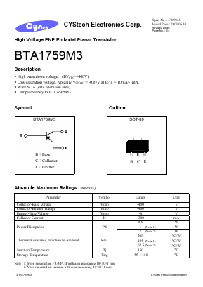 BTA1759M3 Datasheet PDF Cystech Electonics Corp.