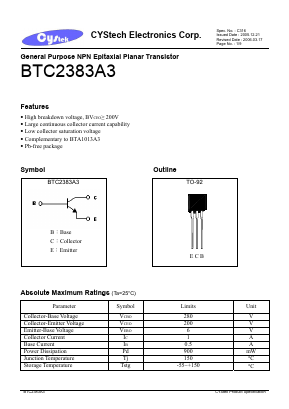 BTC2383A3 Datasheet PDF Cystech Electonics Corp.