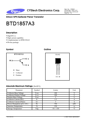 BTD1857A3 Datasheet PDF Cystech Electonics Corp.