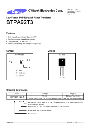 BTPA92T3 Datasheet PDF Cystech Electonics Corp.