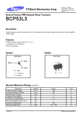 BCP53L3 Datasheet PDF Cystech Electonics Corp.