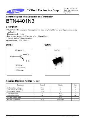 BTN4401N3 Datasheet PDF Cystech Electonics Corp.