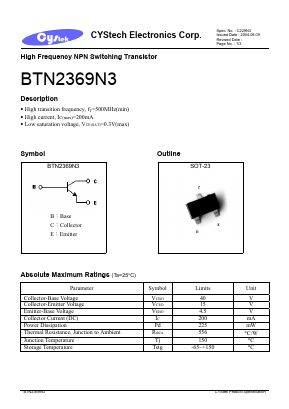 BTN2369N3 Datasheet PDF Cystech Electonics Corp.