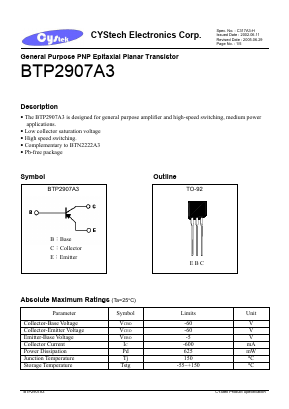 BTP2907A3 Datasheet PDF Cystech Electonics Corp.