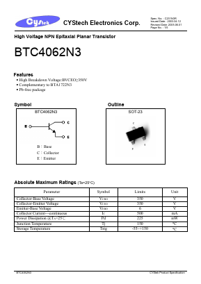 BTC4062N3 Datasheet PDF Cystech Electonics Corp.