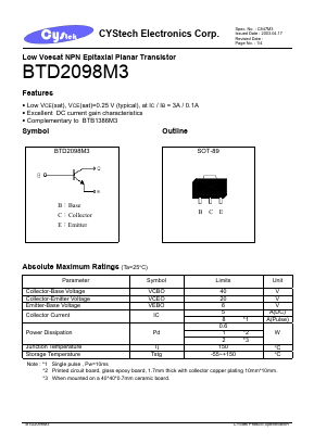 BTD2098M3 Datasheet PDF Cystech Electonics Corp.